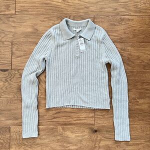 NWT American Eagle Sweater Size S Gray Cropped Long Sleeve Polo Button Up Collar